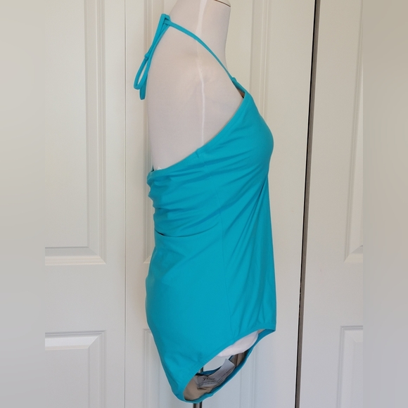 NWT J.Crew Factory Women's Keyhole One Piece Halter Swimsuit Radiant Aqua- L - Picture 5 of 9